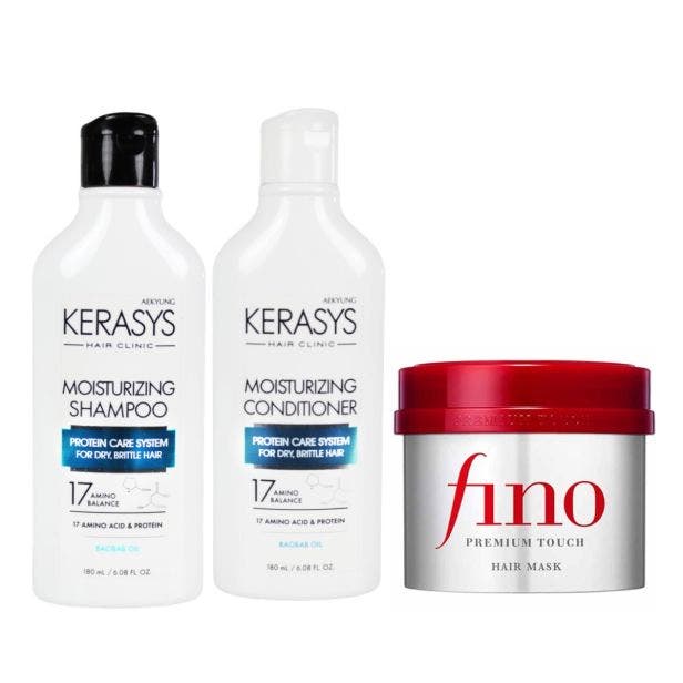 Kit Kerasys Hair Clinic Moisturizing (Baobab Oil) Sh 180ml + Cd180ml + Fino Premium Touch Hair Mask 230g